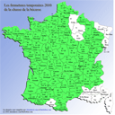 Carte des fermetures temoraires de la chasse de la bécasse