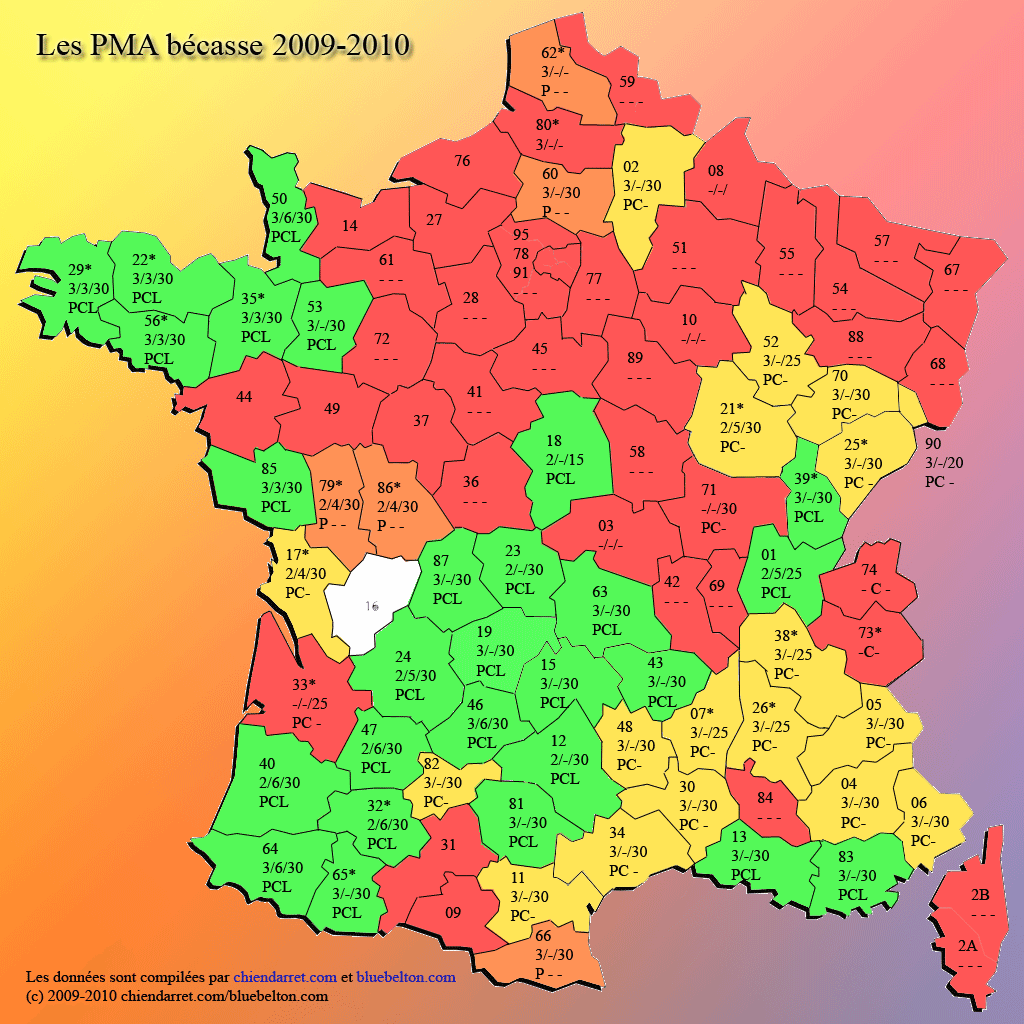 Carte des PMA bécasse par département